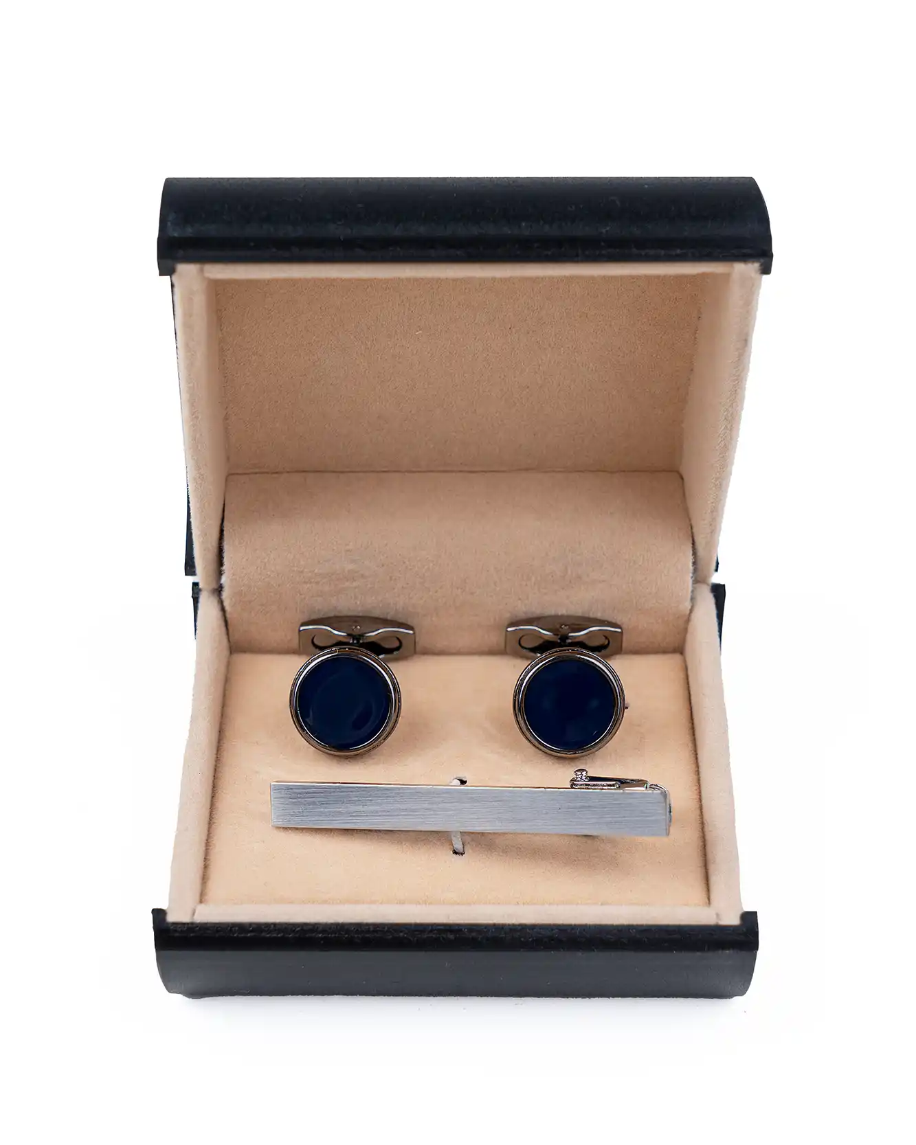 ست دکمه سردست وگیره کراوات نقره ای صیقلی